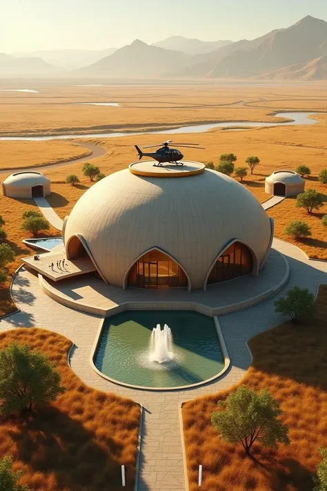 Round shaped building like an arch, color yellowish-brown & Dark brown, Roof with helicopter landing, A huge filed with"other small buildings,water fountain,car prcking"