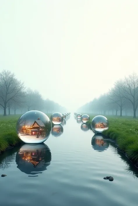 Le long du canal avec uniquement de l herbe sur les cotes pas de maisons autour sous un ciel blanc des boules translucides dans lesquelles il y a des photos de marchés de Noël.  Ces boules se reflètent dans l eau