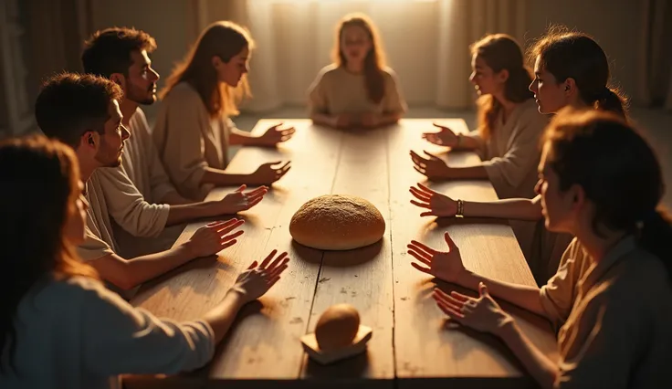 A simple table,  golden light scene ,  bread of life to the center ,  soft light radiating ,  people around ,  expressions of doubt and reflection ,  some looking suspiciously ,  others reaching out with faith ,  tension between choice and acceptance , pea...