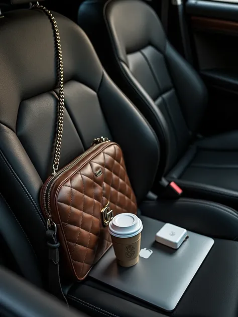 Create an image showing an inside view of a car, focusing on the passenger side.  On the seat is a black quilted print leather bag, a silver laptop, and a Starbucks coffee cup with a lid.  The bag has a chain strap and logo on the side.  The laptop is open...