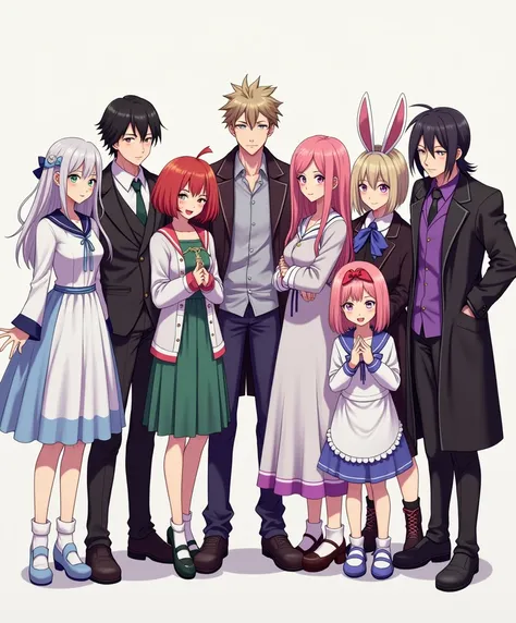 Imagine a photo of friends with 10 members .  From left to right .  A woman who is wearing a white and blue dress with white hair.  A woman with red hair and a short green dress .  A man with light brown hair and black clothes and white details . A man in ...