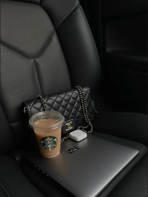 Create an image showing an inside view of a car, focusing on the passenger side.  On the seat is a black quilted print leather bag, a silver laptop, and a Starbucks coffee cup with a lid.  The bag has a chain strap and logo on the side.  The laptop is open...