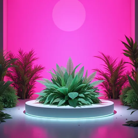 a product stage with pink plants and a neon pink background 
With Jade 
