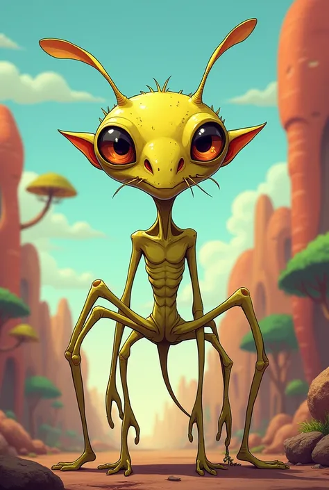 generate me an alien using this description. hairless, skinny, 8 legs, long nose, 4 antenna, yellow skin, 12 fingers, with tail and 8 eyes cartoonize