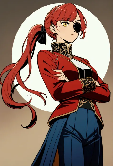 A full-body vertical portrait of a young woman wearing an outfit inspired by the reference image. The outfit is stylish and consists of a red jacket with ornate details, a white undershirt with high collar, and blue trousers. She has short red hair tied in...