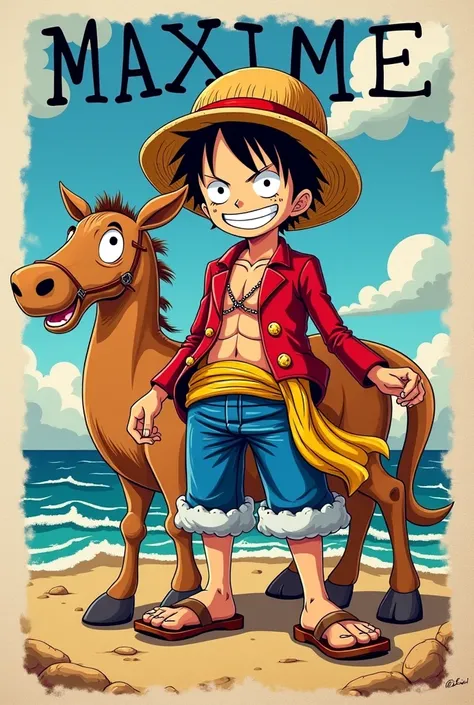 Créer une affiche extrêmement détaillée avec une écriture lettre par lettre " MAXIME " en majuscule français. dans un style 4D. LÉCRITURE DOIT ÊTRE BIEN VISIBLE. 
Thème One piece avec Luffy et son équipage 