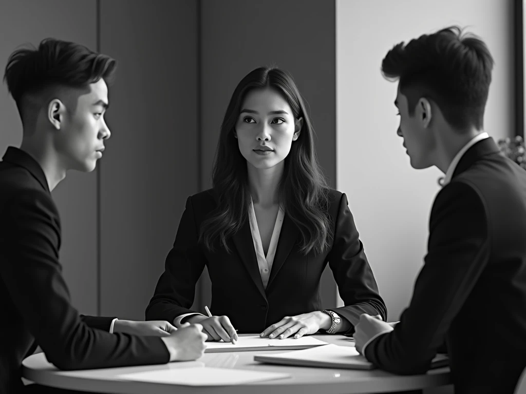  A group of students in a virtual collaboration space, a young woman taking the initiative in a black and white meeting