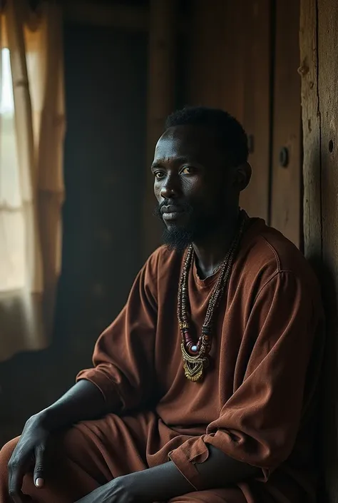 
Lukas ( Zambian African in Lozi tribe attire) with a distant look: Lukas sitting in his home, staring blankly into space, his face expressionless, with an eerie glow of the river reflected in his eyes, indicating his obsession with Perivess.
