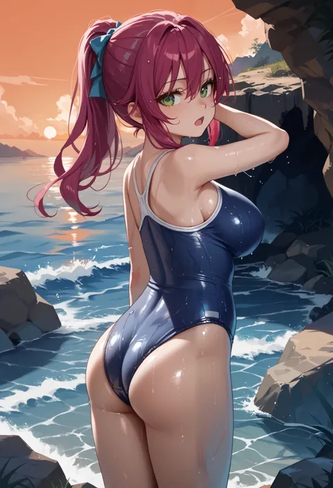 score_9_up, score_8_up, score_7_up, solo, source_anime, 1girl competition school swimsuit, school swimsuit, trace swimsuit, blue one-piece swimsuit, one-piece swimsuit, swimsuit, wet swimsuit, splashing, BREAK 

Red hair, ponytail, hair between eyes, large...