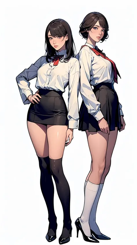 2 femmes en uniforme décolières japonaises. elles ont des talons hauts, elles sont très sexy. uniforme bible black. standing pose, full body, tenue de lycéenne japonaise, loose socks, full white background. cheveux long noirs avec frange. tenue de lycéenne...