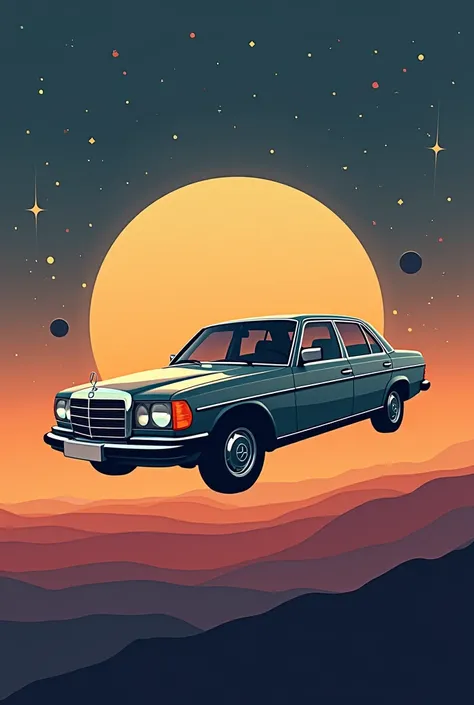 Mercedes Benz w123 on the way to space in flat illustration version