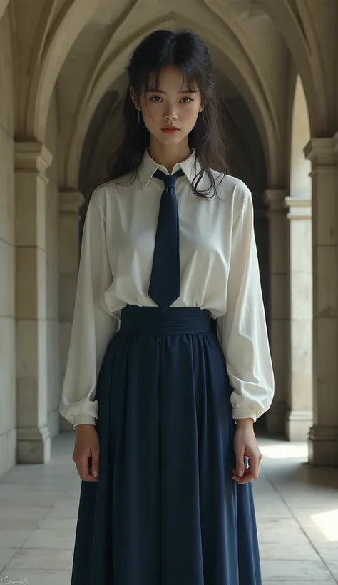 Woman, convent, white shirt, long sleeves, loose necktie, navy blue long skirt, black belt,