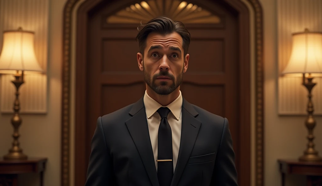  A well-dressed man standing in front of a door in a luxurious apartment, He seems to be surprised  