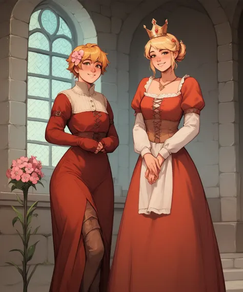 1boy, femboy, crossdresser, red dress, wide hips, smile, medieval clothing, girly cloth, slight smile, pink flowers in hair, dress, red, short blonde hair, inside medieval castle, golden necklace, small crown, 