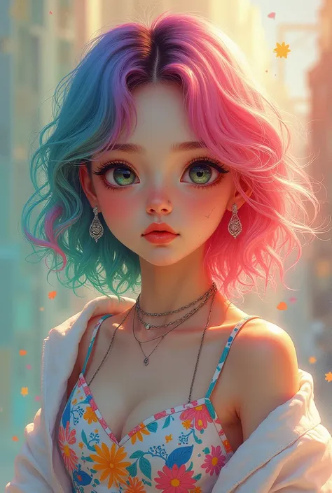 (Masterpiece best quality), absurd, 1girl, solo, a cute girl, colored hair, watercolor flying ink, high ponytail, big eyes, orange lipstick, mole at the corner of the eye, silver turquoise bangs, short curly hair, wearing a colorful and fashionable summer ...