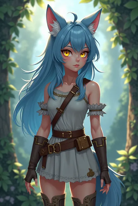 
 “A semi-human Kemonomimi style ,  with the ears and tail of a wolf .  has long ,  with blue reflections ,  that highlights her connection with nature .  Her eyes are of an intense bright yellow ,  similar to those of a silver wolf ,  radiating confidence...