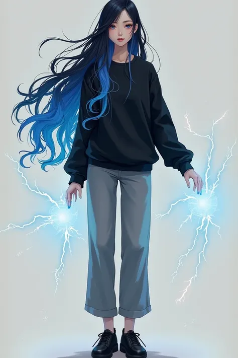 19-year-old girl with Chinese hair and brown with blue tips and black sweatshirt with gray pants and black shoes with electricity power 