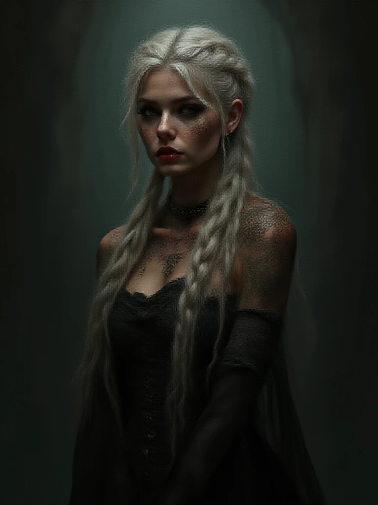 Draw Delphinie Riddle Lastrange, woman with rune tattoos on her bodie, dark witch, fractalwitch, braided intricate white hair, matte painting portrait shot, beautiful female witch, brunette skin, she is dressed in azkabans clothes, tattooed, darkworld, Dar...