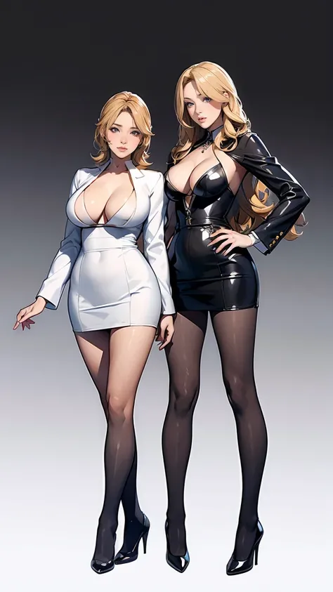 2 femmes en uniforme décolières japonaises. elles ont des talons hauts, elles sont très sexy. uniforme bible black. standing pose, full body, tenue de lycéenne japonaise, loose socks, full white background. cheveux long noirs avec frange. tenue de lycéenne...