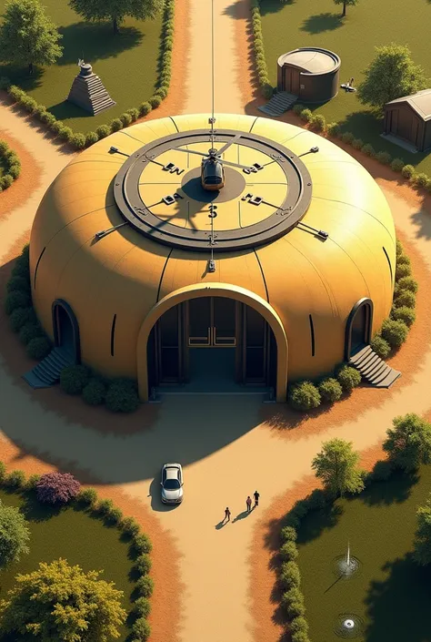 Bird eye view of Round shaped building like an arch, color of biulding yellowish-brown & Dark brown, Roof with helicopter landing, A filed with"other small buildings,water fountain,car parcking"