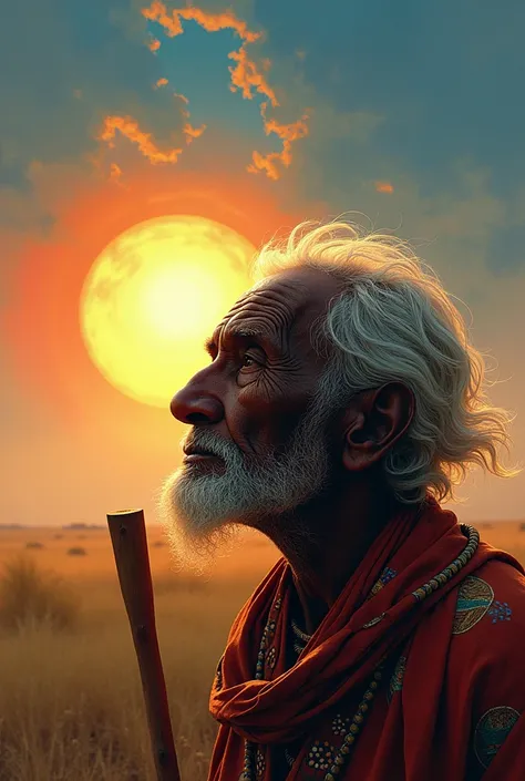 An old African man looking at the animated horizon 