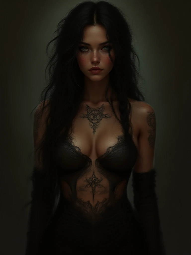 Draw Delphinie Riddle Lastrange, woman with rune tattoos on her bodie, dark witch, fractalwitch, braided intricate dark black hair, high matte painting portrait shot, beautiful female witch, brunette skin, she is dressed in azkabans clothes, tattooed, dark...