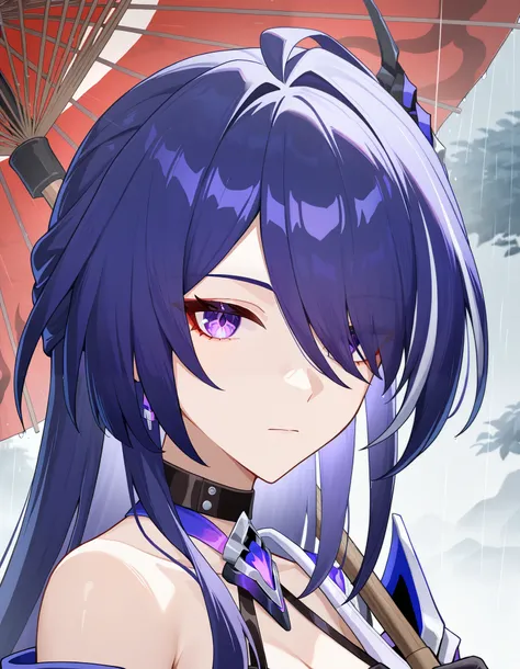 1girl, acheron(honkai: star rail, honkai: star rail, close-up, looking at viewer, holding umbrella, oil-paper umbrella, expressionless, rain, masterpiece, best quality, very aesthetic, absurdres