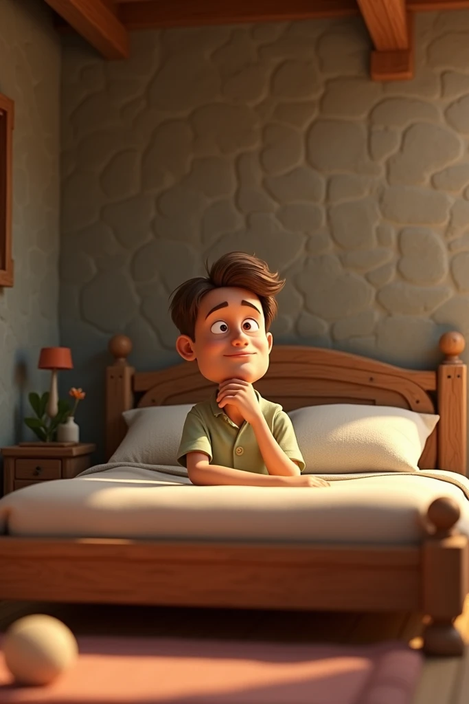  The bedroom is simple ,  with a wooden bed and stone walls ,  and José Homem has a calm expression. disney style/Pixar 3D, with soft tones and magical effects ."
