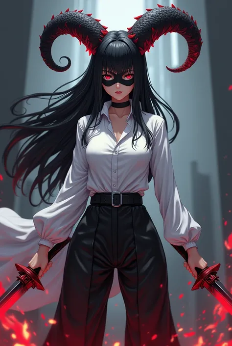 . She is a woman in the anime ,Best Quality Black Long Hair , wearing a black mask. ,Wear a white shirt,She has a red dragon claw ,  She has a black horn, the edges are red and there is a black ring on the edge in red.,Has dual swords Oden, wears Garou pan...