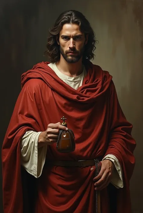  Judas Iscariot very handsome with a cloak, And the money bag 
