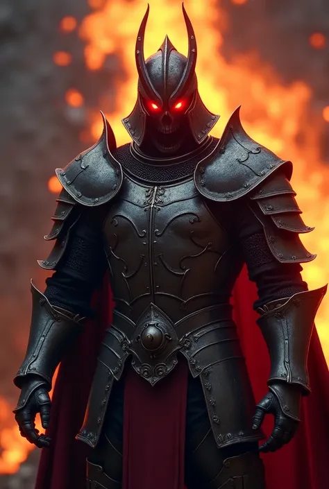 a man in armor with glowing red eyes stands in front of a fire, concept art by Android Jones, trending on cgsociety, fantasy art, face of an armored villian, metal and glowing eyes, evil knight, scary knight, from witcher (2021), undead knight, trending on...