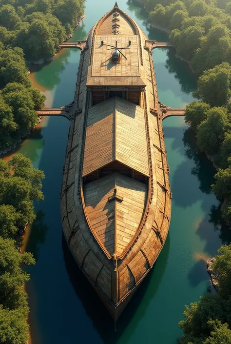 Bird eye view of a building shaped like noahs ark, color of biulding yellowish-brown & Dark brown, Roof with helicopter landing,