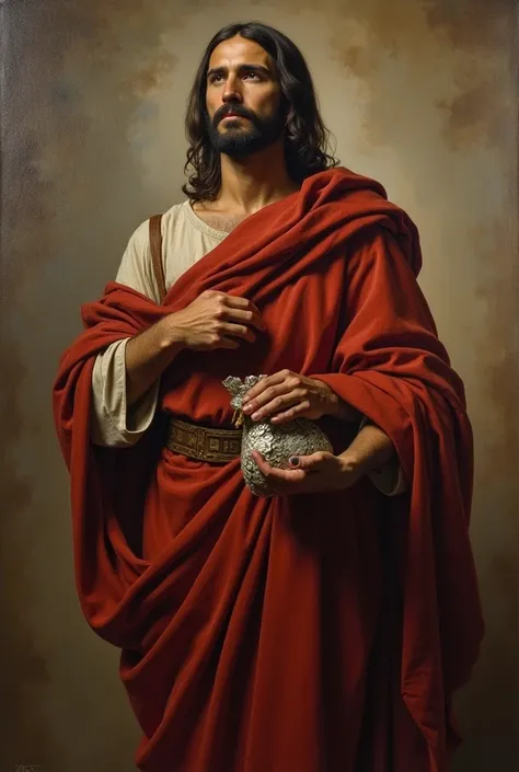  Judas Iscariot very handsome with a cloak, And the bag of money in his hand
