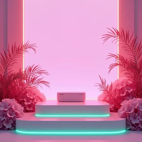 a stage with a product holder with pink plants and a neon pink background with jade 
