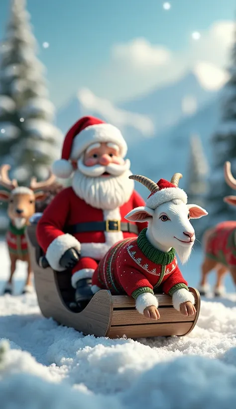 a mini goat in Christmas clothes on a sleigh with Santa Claus in the snow pulled by reindeer 