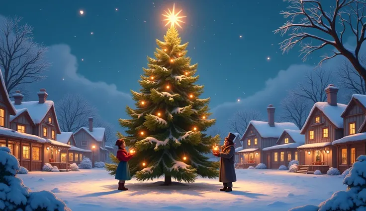  An enchanting square in the heart of a small village ,  surrounded by cozy houses with snowy roofs and illuminated windows. in the center,  a huge Christmas tree rises majestically , still unadorned ,  except for a bright golden star at the top ,  who see...