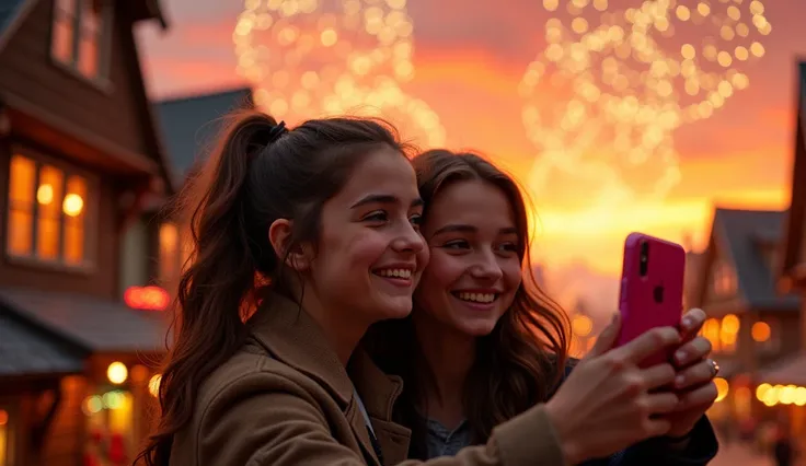 2 16-year-old women, chubby faces, chubby, freckled, backlit, taking a selfie with a pink cell phone held by the girl on the right. The background shows a bright orange sunset over a city with wooden shops and Christmas lights. fireworks, colored lights, c...