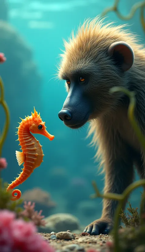 Baboon watching a seahorse