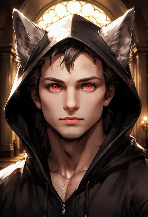 white werewolf, male wolf, lone, red eyes, head slightly bowed, looking straight ahead, wearing black hoodie, hood on head
