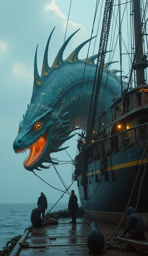 "On the deck of a colossal, weathered fishing vessel rocking gently on a calm ocean, an awe-inspiring, gigantic sea creature has been captured, its massive body restrained with thick, heavy-duty ropes and steel chains. The creature’s shimmering, iridescent...