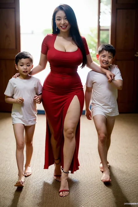 Asian woman with huge breasts wearing a very tight dress with plays with sons happily full body.