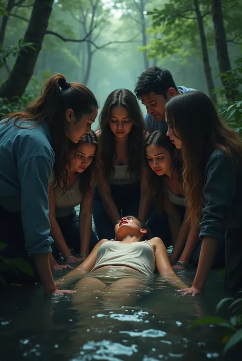 In the forest, a group of friend horrified for descovering the another death of their friend a girl in the river SHOW 9 PEOPLE WATCHING A GIRL DEAD IN THE RIVER