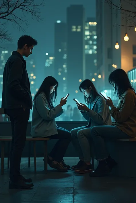 "A dystopian scene illustrating four women and one man in a modern urban environment, such as a dimly lit café or a park at dusk. The women are entirely absorbed in their smartphones, sitting or standing close together, their faces illuminated by the cold,...