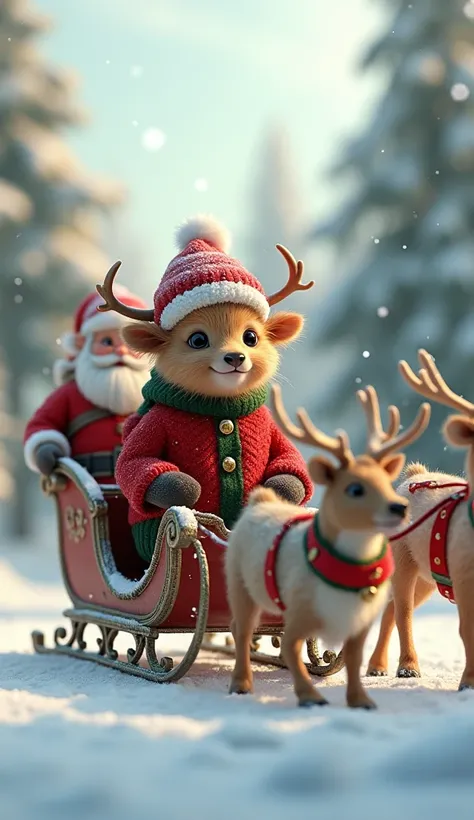 a mini baby ox in Christmas clothes on a sleigh with Santa Claus in the snow pulled by reindeer 