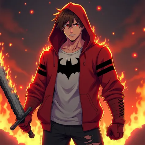 Create A badass Cool Muscular Anime character With flaming minecraft diamond sword in his hand. Character have brown hair, Red eyes,  He is Wearing white and gray gradient inner with black batman rough logo in middle and red open hoodie with little black g...