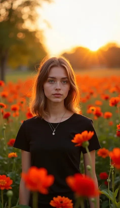 A woman wearing a black shirt stands in front of a field of flowers., Anna Nikonova aka newmilky, Ukrainian Girl, in golden hour, Anna Nikonova, Vertical 60mm, He nodded., Vertical 70 mm, Sunset at sunset, Anastasia Ovchinnikova, Alina Ivanchenko, shot in ...