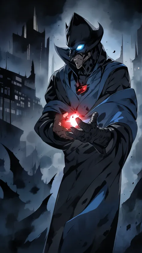 Batman from the 2006 animated series, styled with his iconic black and gray suit, standing in a dramatic pose, holding a single glowing red pill in his left hand and a glowing blue pill in his right hand. The background is dark and moody, featuring subtle ...