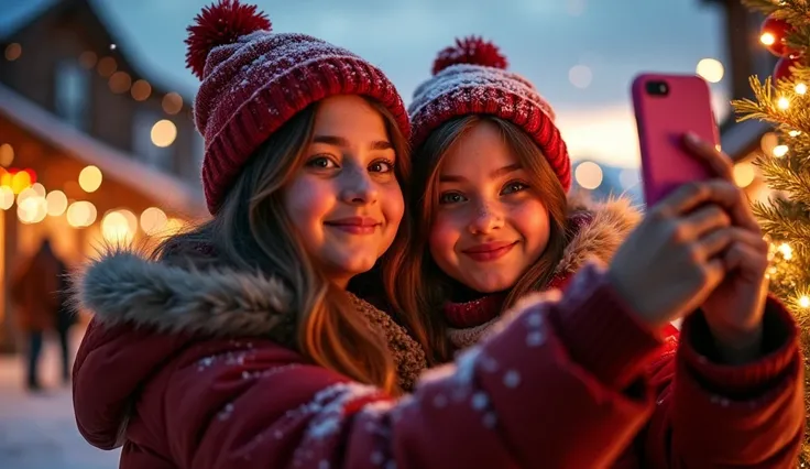 2 16-year-old women, chubby faces, chubby, freckled, backlit, taking a selfie with a pink cell phone held by the girl on the right. They are lit from the front by a very bright Christmas tree, the backlight is strong, it is snowing a lot. The background sh...