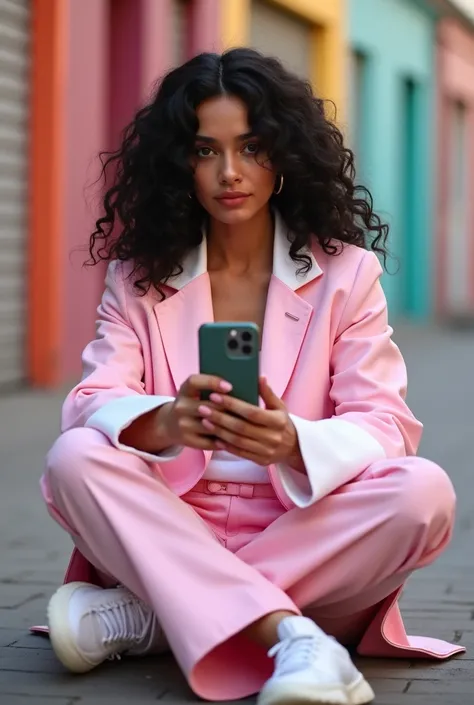 Latin woman white skin straight and black hair with gentle curls sitting on the floor in a pink and white urban suit. Photograph of a techwear woman , sitting with her legs crossed , showing a phone to the camera very close . The photo is from a low angle ...