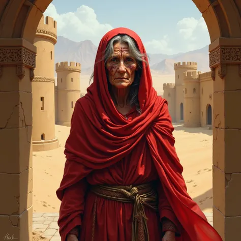 old arabic woman face tattoos red veils in desert castle dnd art